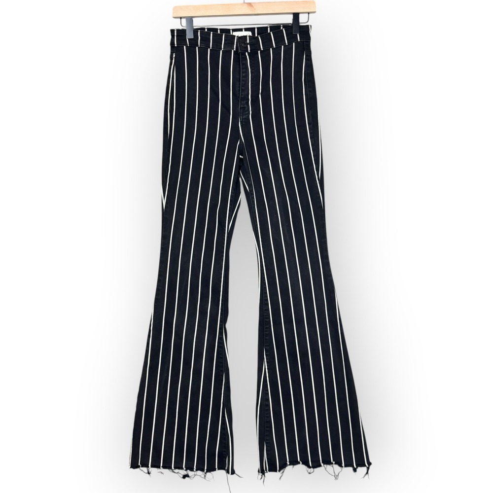 Cello Flare Jeans 7 Black White Pinstripe High Rise Raw Hem Goth Bell Bottoms
